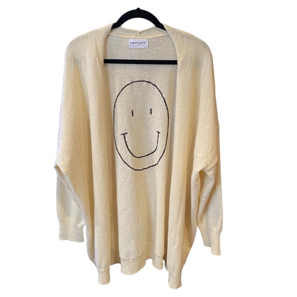 First Love Sweaters - First Love Smiley Face Cream Sweater Cardigan Womens Plus Size 3X